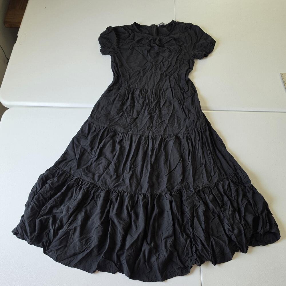 J Crew Dress Womens Small Black Tiered Maxi Puff Sleeve Fit & Flare Casual